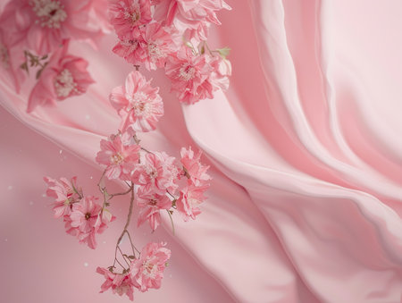 Vibrant pink flowers displayed on a matching pink fabricの素材