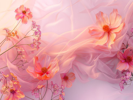 Vibrant pink flowers displayed on a matching pink fabricの素材