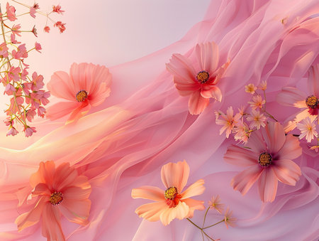 Vibrant pink flowers displayed on a matching pink fabricの素材