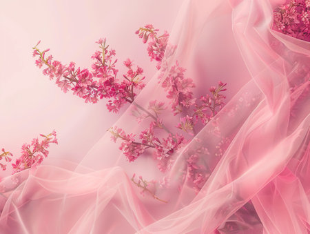 Vibrant pink flowers displayed on a matching pink fabricの素材