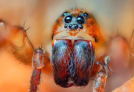 Closeup macro shot of a detailed, colorful spider highlighting its amazing featuresの写真素材