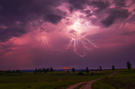 Dazzling lightning display brightening the nighttime with vibrant bolts, climate changeの写真素材