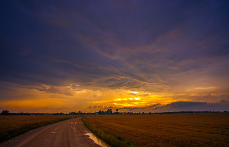 Dramatic sunset thunderstorm sky over an open fieldの写真素材