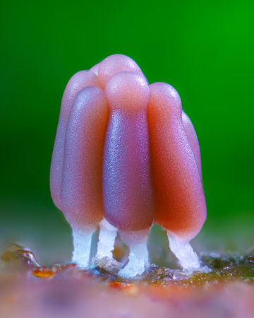 Group of a slime mold - Stemonitis fusca. It fruits in clusters on dead wood and has distinctive tall brown sporangia supported on slender stalks with a total height of approximately 6 20 mm tallの写真素材