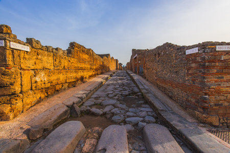 Ancient ruins of Pompei city, Naples, Italy. View of ancient street of Pompeii, Pompei is ancient Roman city destroyed from eruption of Mount Vesuvius in 1st century, Naples, Italyの写真素材