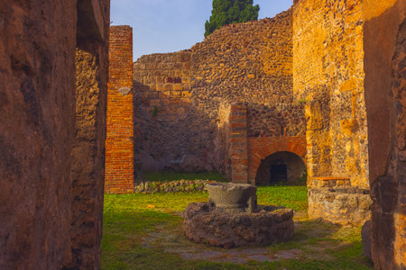 Ancient ruins of Pompei city, Naples, Italy. View of ancient city of Pompeii, Pompei is ancient Roman city destroyed from eruption of Mount Vesuvius in 1st century, Naples, Italyの写真素材