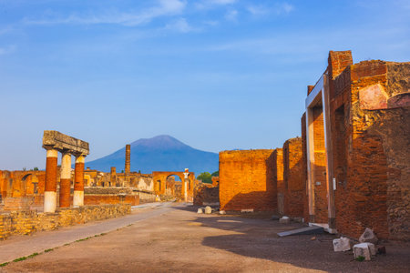 Ancient ruins of Pompei city, Naples, Italy. View of ancient city of Pompeii, Pompei is ancient Roman city destroyed from eruption of Mount Vesuvius in 1st century, Naples, Italyの写真素材