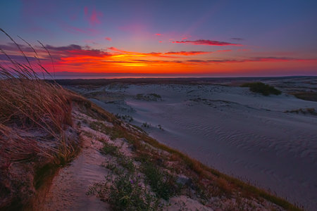 The breathtaking view of a stunning sunset over a tranquil and serene dunes landscapeの写真素材