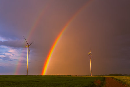 A magnificent display of Wind Turbines set against a stunning Double Rainbow Over the Fieldの写真素材