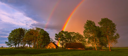 A stunning double rainbow arcs over a serene landscape, captivating viewers with its vibrant colorsの写真素材