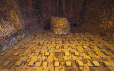 Ancient ruins of Pompei city, Naples, Italy. Floor structure construction of Pompeii thermal bath.の写真素材