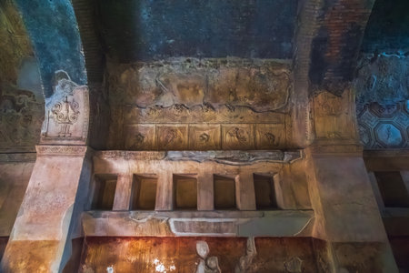 Ancient ruins of Pompei city, Naples, Italy. Room of Pompeii thermal bath.の写真素材