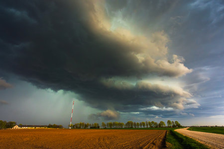 Dramatic storm clouds in the sky, dark severe storm clouds, supercell.の写真素材