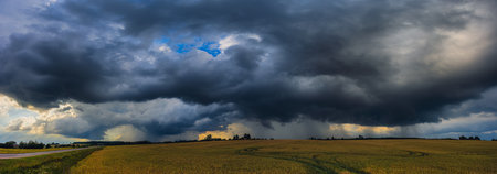 Panorama of dramatic storm clouds in the sky, dark severe storm clouds, supercell