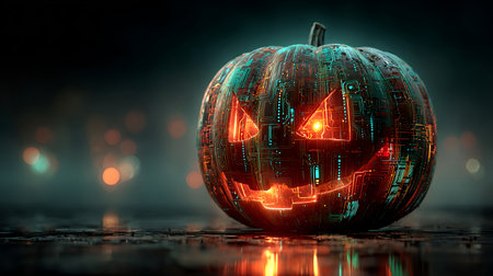 Digital Halloween. Creepy pumpkin smile in electronic circuit board. Halloween, cyber security and virus conceptの素材