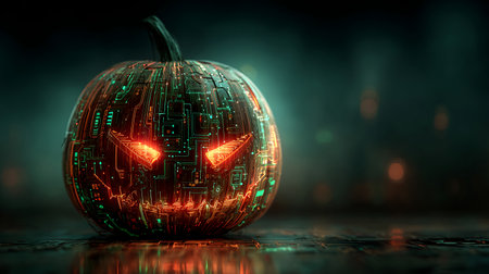Digital Halloween. Creepy pumpkin smile in electronic circuit board. Halloween, cyber security and virus conceptの素材