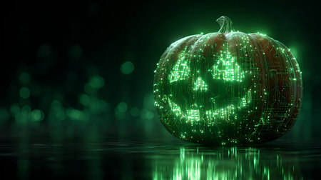 Digital Halloween. Creepy pumpkin smile in electronic circuit board. Halloween, cyber security and virus conceptの素材