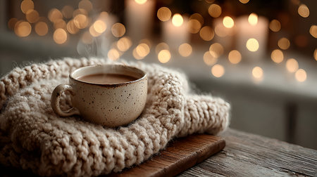 Steam rising from cup of coffee, slow winter morning conceptの素材