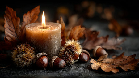 Glowing candle in a dark background with autumn details. Remembrance Day conceptの素材