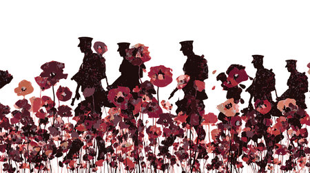 Remembrance day banner with red poppy flowers and Soldiers Silhouettes against white background. Memorial for victims of Warld warの素材