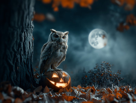 Owl near a carved glowing jack-o-lantern with full moon behind. Halloweenの素材