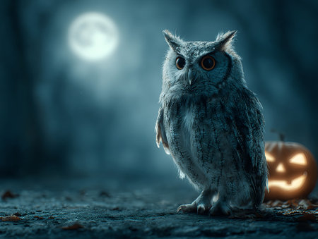 Owl near a carved glowing jack-o-lantern with full moon behind. Halloweenの素材