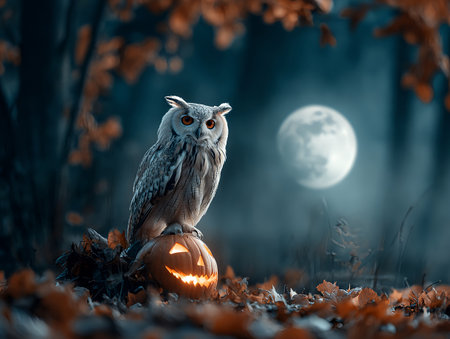 Owl near a carved glowing jack-o-lantern with full moon behind. Halloweenの素材