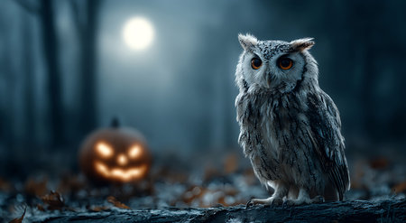 Owl near a carved glowing jack-o-lantern with full moon behind. Halloweenの素材