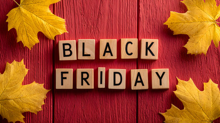 Massive Black Friday Sale Featuring Beautiful Autumn Leaves Set on a Vibrant Red Backgroundの素材