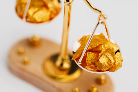 Beautiful Golden Balance Scales with little pieces of gold. Gold cost climbing up. Finance, gold themeの写真素材