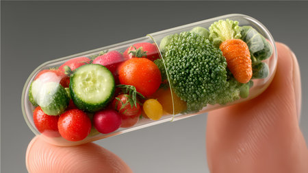 Supplement capsule filled with fresh vegetablesの素材