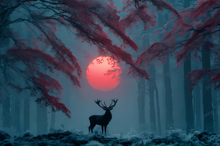 Deer with rising sun between its antlers. Winter solstice or December Solsticeの素材