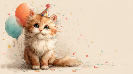 Cute birthday postcard with cat and baloonsの素材