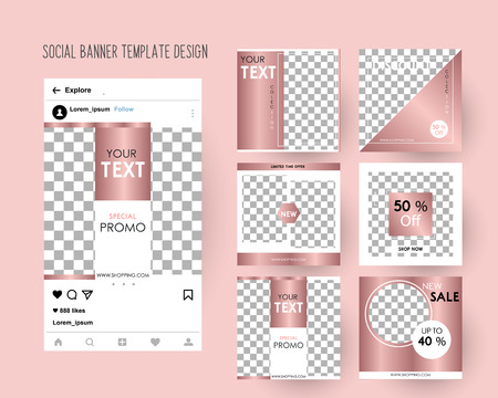 Editable Post Template Social Media Banners for Digital Marketing. Color Pink Green. Promo Brand Fashion. Vector Illustrationのイラスト素材