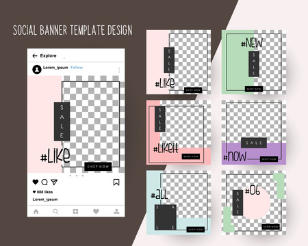 Editable Post Template Social Media Banners for Digital Marketing. Color Pink Green. Promo Brand Fashion. Vector Illustrationのイラスト素材