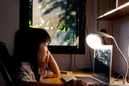 The girl is sitting at a table in front of a computer monitor.の写真素材