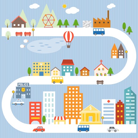 City and village lifestyle info graphic with blue background, flat designのイラスト素材