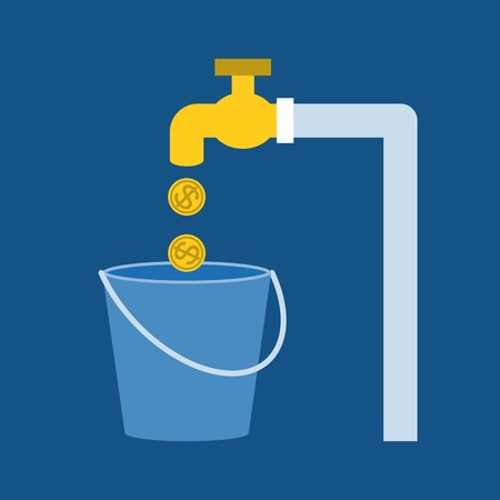 tab with gold coins and bucket, flat design, saving water conceptのイラスト素材