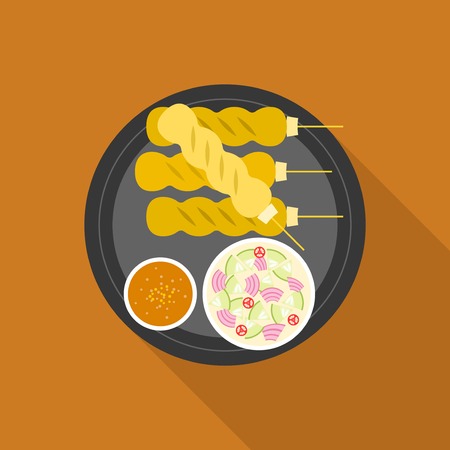 Satay, grilled pork or meat with sauce, Thai and Indonesia food, flat designのイラスト素材