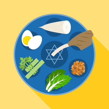 Passover seder, Happy Jewish holiday Pesach , Charoset, Chazeret flat designのイラスト素材