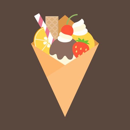 crepes with topping, fruits, wafer, orange, cherry, whip cream, strawberry, jam and ice cream, flat designのイラスト素材