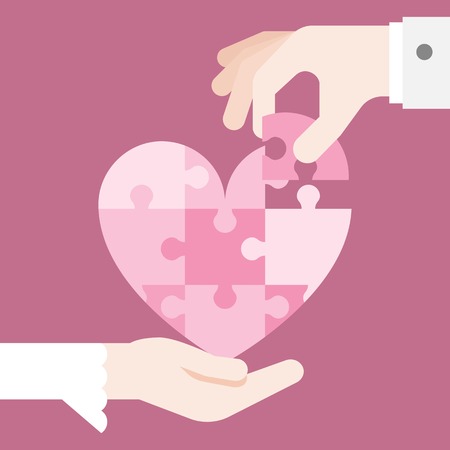 bride and grooming Hands holding heart jigsaw puzzle, vector design for wedding invitation card, romantic and love concept, flat designのイラスト素材