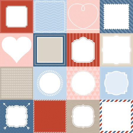 set of 16 frame, border lace and background design for application mobile, nautical frame theme, valentine frame theme, post office background theme, vintage and retro styleのイラスト素材