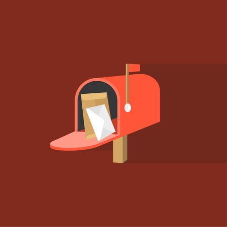 Open Mail box  post illustration, Post box vector, mail box post isolated with long shadow flat design, Red letter box icon with letter and envelope insideのイラスト素材
