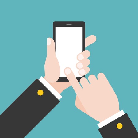 Hand holding  smartphone illustration, Hand touching blank white screen,Hand Using smartphone concept design for mock up, flat designのイラスト素材
