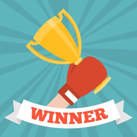 Boxing glove Hand holding winner's trophy flat illustration vector with winner ribbonのイラスト素材