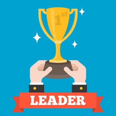 Business hand holding golden cup trophy as a winner of competition with leader ribbon, Winner and leader company concept, flat designのイラスト素材