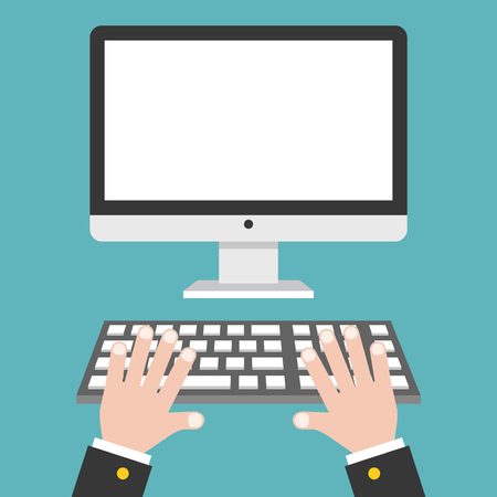 Business hand with blank screen desktop computer and keyboard vector illustration, flat designのイラスト素材