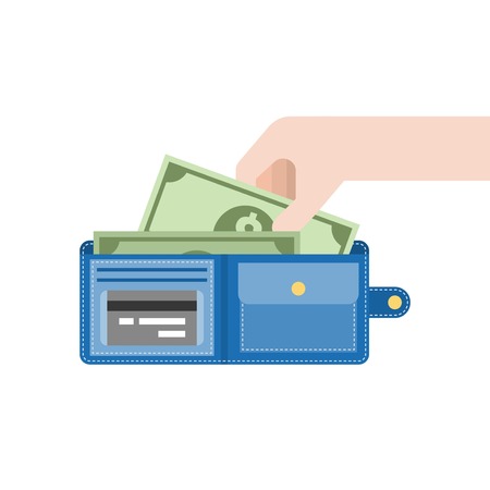 Hand pick money from blue wallet, dollar in hand, flat designのイラスト素材