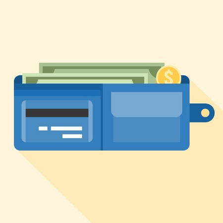 wallet full of money and credit card illustrator, wallet case icon with money and coin, flat designのイラスト素材